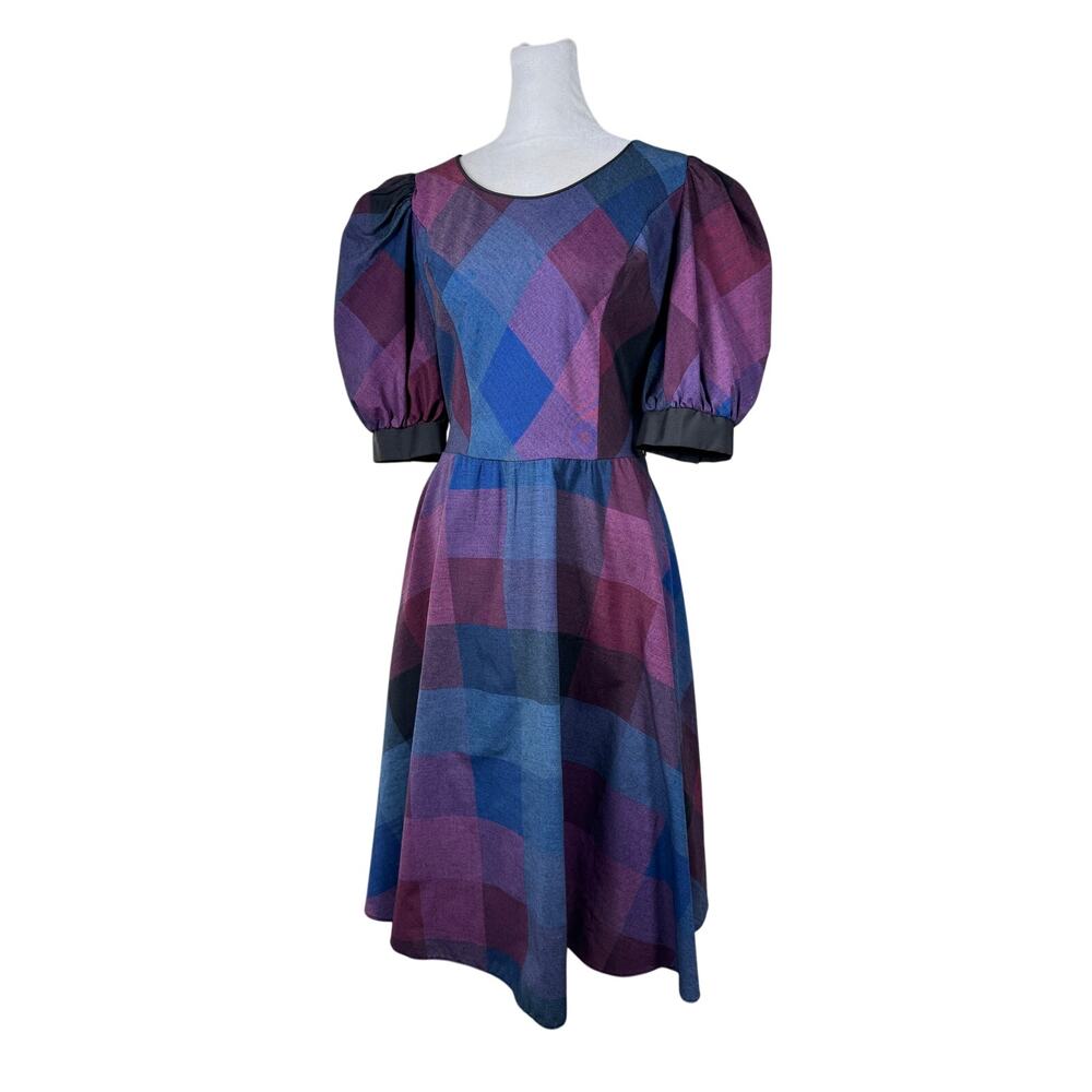 Vintage ‘80s Purple, Blue & Black Checker Print Puff Sleeve Prairie Midi Dress